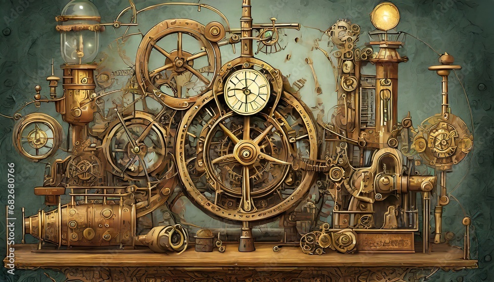 Design imaginative steampunk machinery or gadgets set in a Victorian-era-inspired worl  - obrazy, fototapety, plakaty 