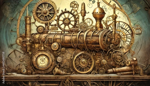 Design imaginative steampunk machinery or gadgets set in a Victorian-era-inspired worl 