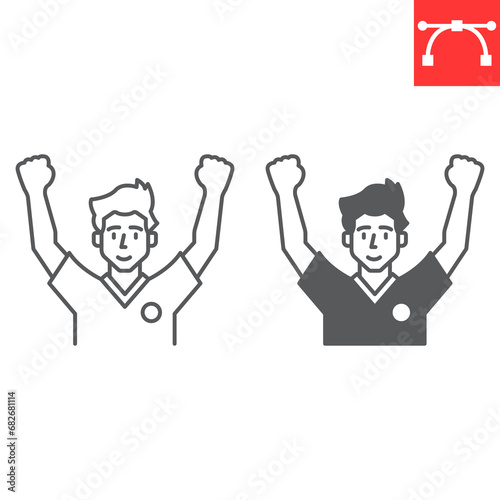 Soccer fan line and glyph icon, sport and person, winner man vector icon, vector graphics, editable stroke outline sign, eps 10.