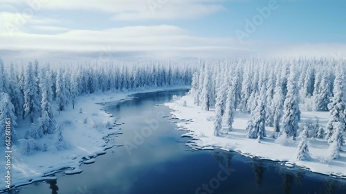 a river with snow covered trees