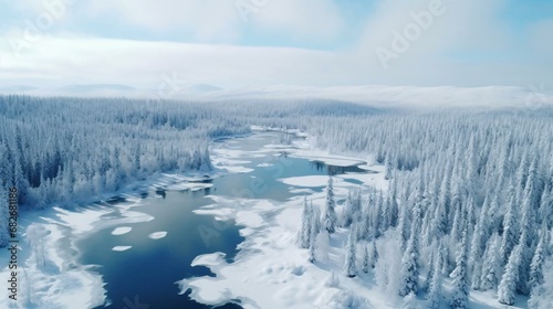 a river surrounded by snow covered trees © KWY
