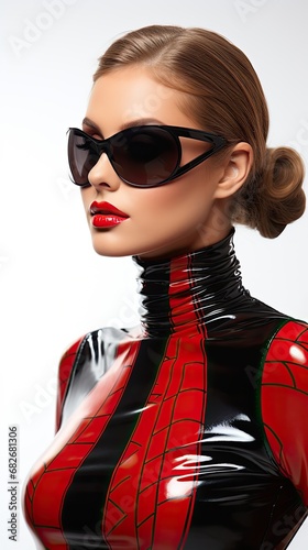 beautiful young blonde woman wearing a red latex suitand dark sunglases - high fashion studio portrait on white background photo