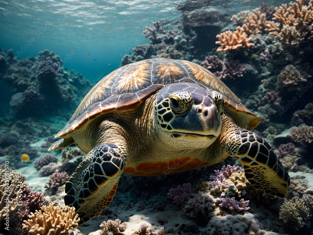 Fototapeta premium A sea turtle swimming undersea