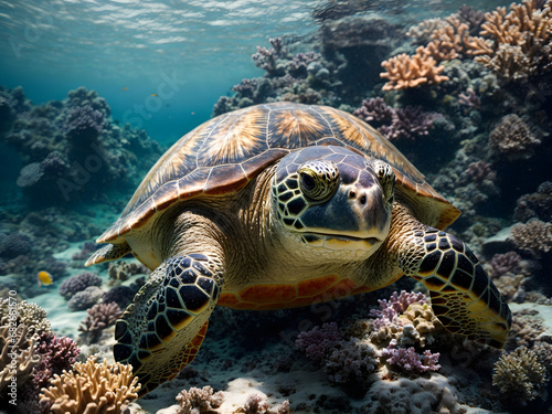 A sea turtle swimming undersea