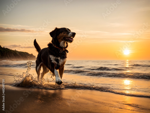 A dog enjoying sunset at beach