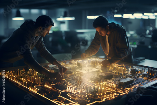 Technician Working on Oversized Circuit Board photo