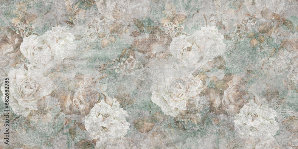 Fototapeta Green flowers Vintage background, artwork floral antique pattern