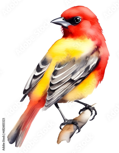 red and yellow bird drawing watercolor, on white background