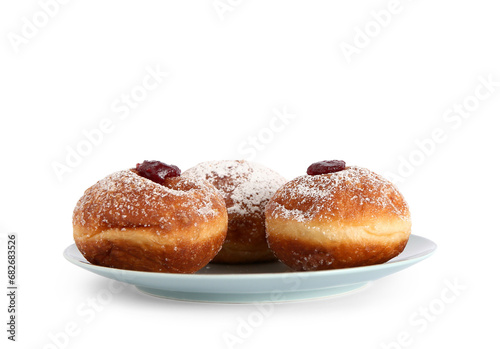 Plate with tasty donuts isolated on white background. Hanukkah celebration