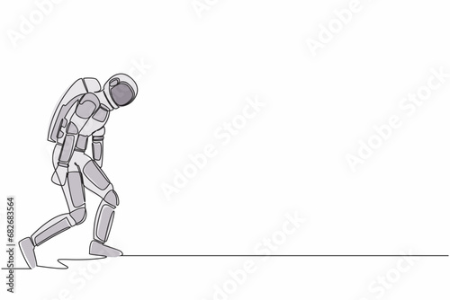 Continuous one line drawing sadness young astronaut bowed down. Having mental pressure or stress after spacecraft expedition. Cosmonaut outer space. Single line draw graphic design vector illustration