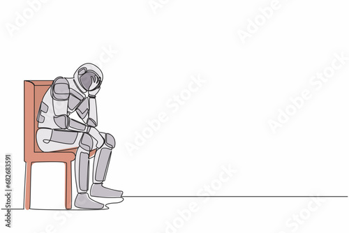 Single continuous line drawing of depressed astronaut hold his head sitting on chair. Regret on galactic journey mission mistake. Cosmonaut deep space. One line draw graphic design vector illustration