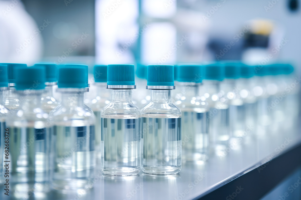 Row of medicine bottles on a pharmaceutical production line in a factory. Row of medicine bottles on a pharmaceutical production line in a factory.