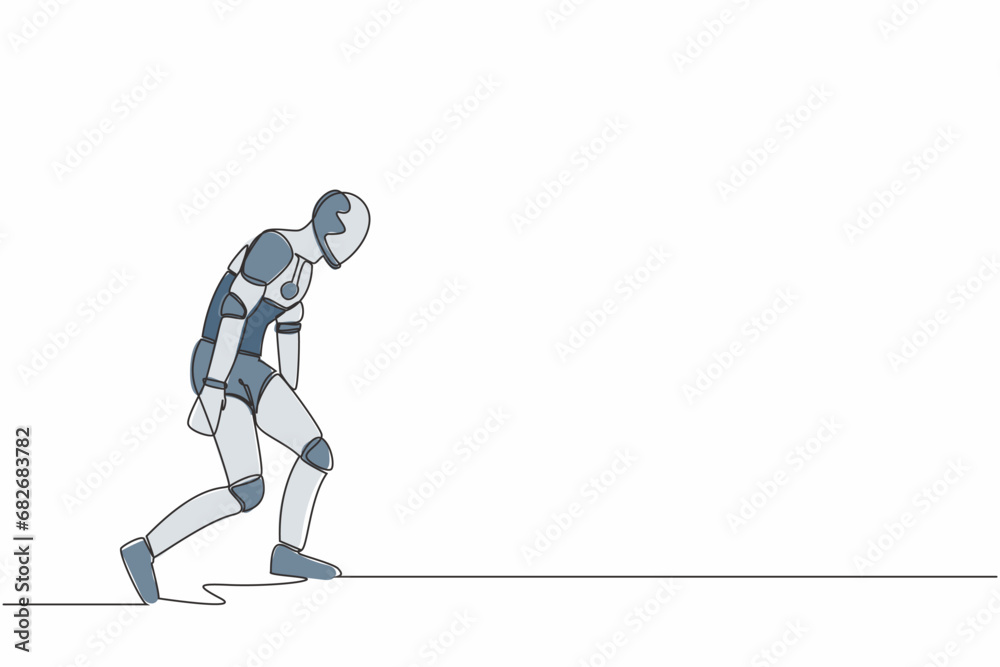 Single continuous line drawing sad robot bowed down. Feeling lonely and having mental pressure or stress. Artificial intelligence and machine learning process. One line draw design vector illustration Single continuous line drawing sad robot bowed down. Feeling lonely and having mental pressure or stress. Artificial intelligence and machine learning process. One line draw design vector illustration