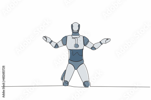 Continuous one line drawing robot despair suffer grief. Sad gesture expression. Burnout, depression disorder. Humanoid cybernetic organism. Future robotic. Single line draw design vector illustration