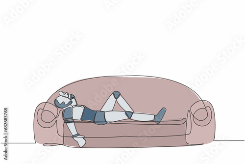 Continuous one line drawing of frustrated robot holding his head lying on sofa. Stressed and anxiety on failure. Humanoid robot cybernetic organism. Single line draw graphic design vector illustration