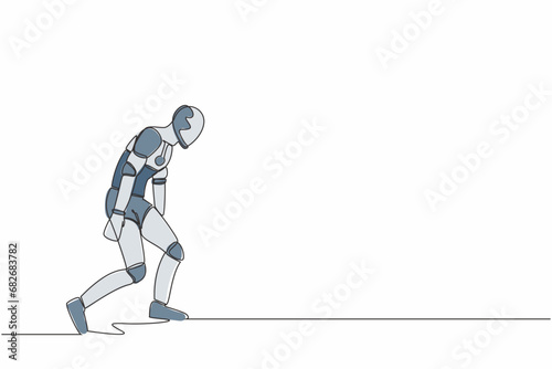 Single continuous line drawing sad robot bowed down. Feeling lonely and having mental pressure or stress. Artificial intelligence and machine learning process. One line draw design vector illustration