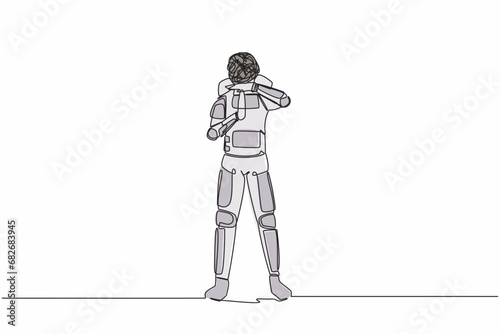 Single one line drawing astronaut with round scribbles instead of head. Stop working, time break gesture, timeout signal. Pause. Cosmic galaxy space. Continuous line graphic design vector illustration