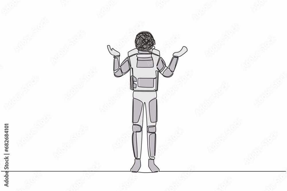 Single continuous line drawing of young astronaut with round scribble instead of head, standing with two hand raised asking questions. Cosmonaut deep space. One line graphic design vector illustration