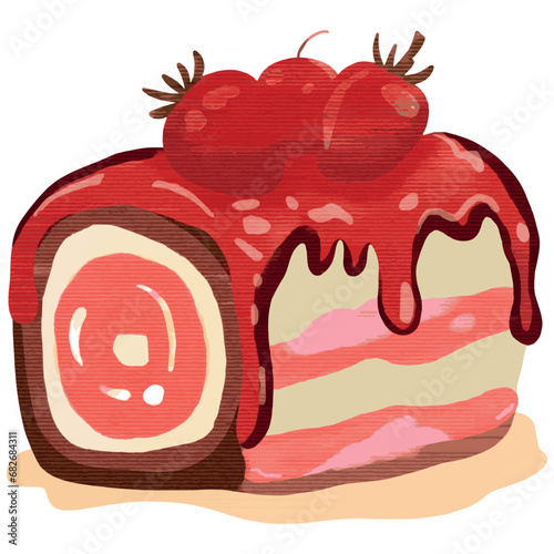 Watercolor Christmas log cake with strawberry and jam,vector illustration. 