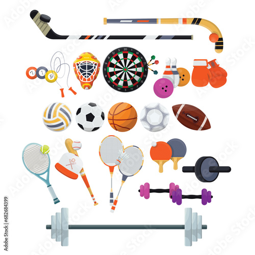 A variety of sports equipment on a white background, including a basketball, football, baseball, and tennis ball.