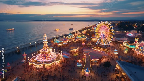 a ferris wheel by a body of water with buildings and lights