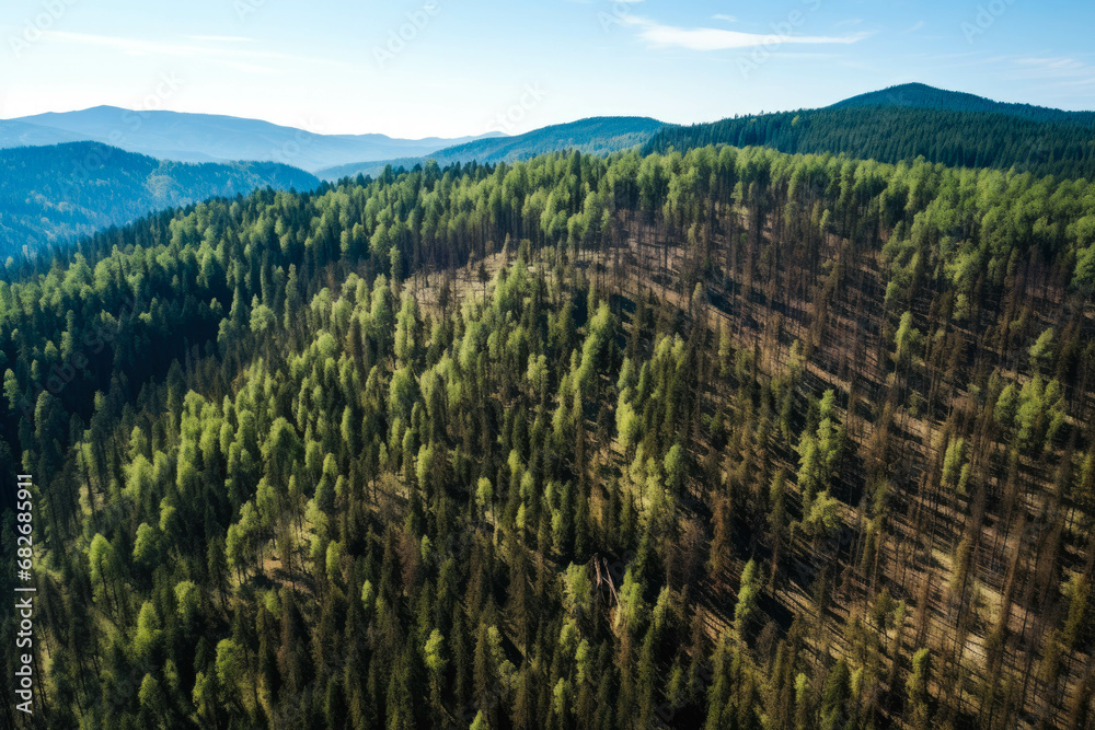 Hillside of pine trees, with many dying due to drought and bark beetle kill