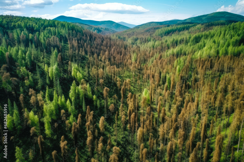 Hillside of pine trees, with many dying due to drought and bark beetle kill Hillside of pine trees, with many dying due to drought and bark beetle kill