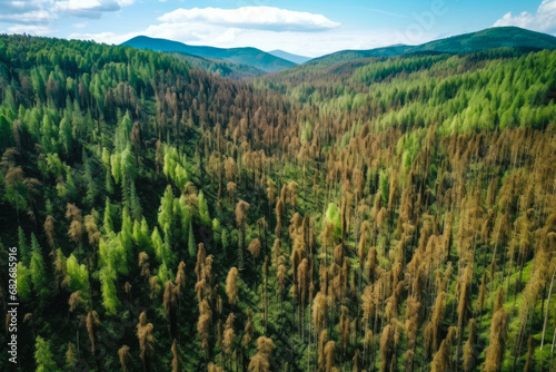 Hillside of pine trees, with many dying due to drought and bark beetle kill