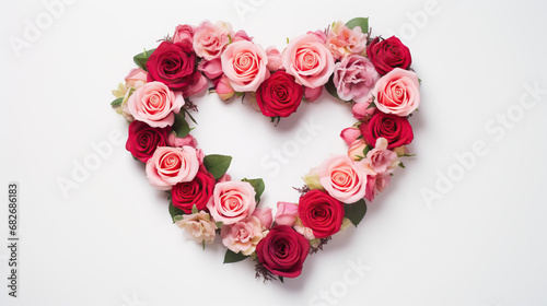 The heart shape made of red and pink roses on a white background. 