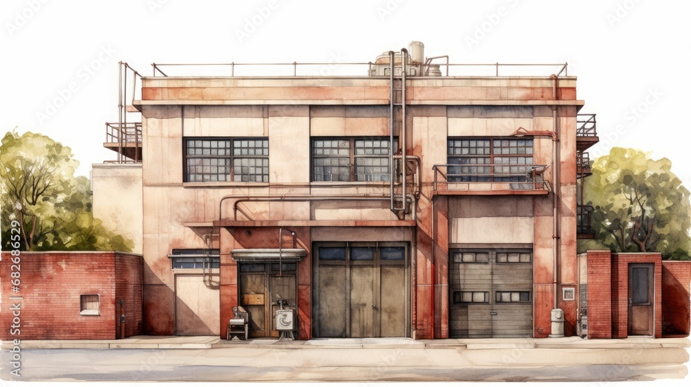 Industrial Building Watercolor Illustration
