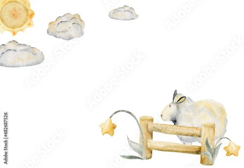 Fototapeta Naklejka Na Ścianę i Meble -  Watercolor hand drawn illustration, cute little plush baby sheep jumping fence, star flowers, sun and clouds Composition isolated on white background. For kids children bedroom, fabric, linens print