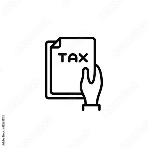 Hand hoding tax form outline icon. Vector illustration. The isolated icon suits the web, infographics, interfaces, and apps.
