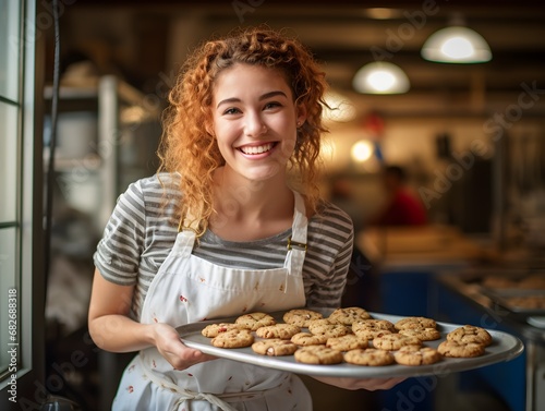 A woman smiling hold cookies tray fresh baked in bakery shop