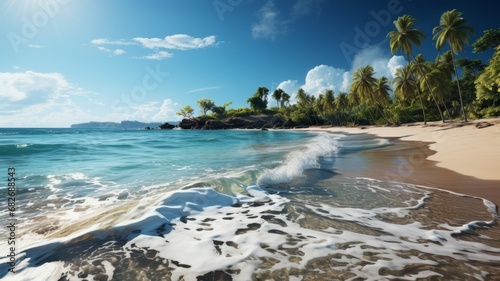 Tropical beach with palm trees, waves, and clear blue water. © senadesign