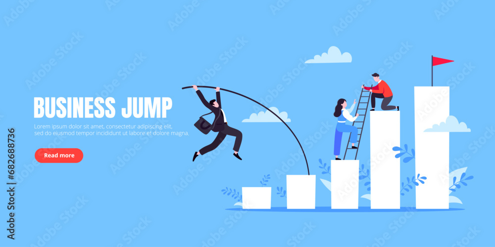 Businessman jumps pole vault over graph bars flat style design vector illustration. - obrazy, fototapety, plakaty 