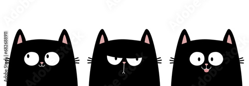 Black cat kitten kitty icon banner set. Sad, happy, surprised emotion. Cute kawaii cartoon character. Happy Valentines Day. Greeting card, tshirt, sticker print template. White background. Flat design © worldofvector
