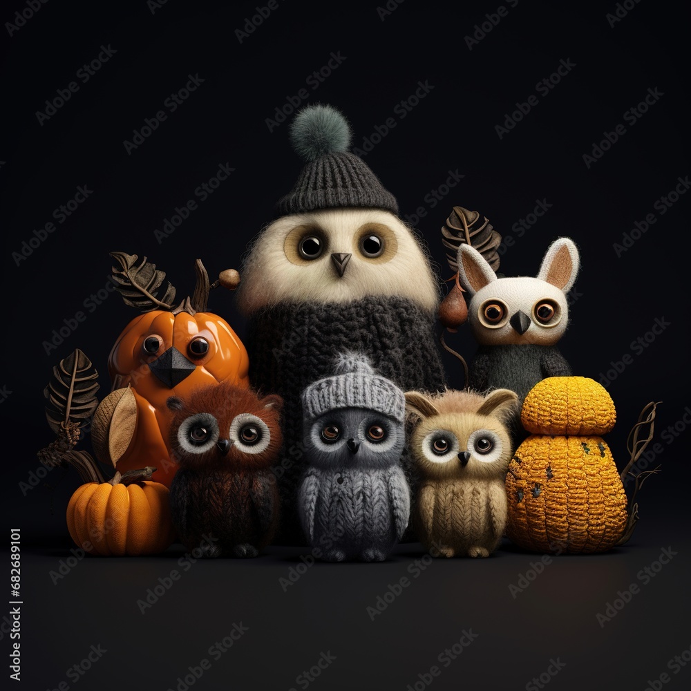 Cute halloween themed animals on a knitted Cute halloween themed animals on a knitted