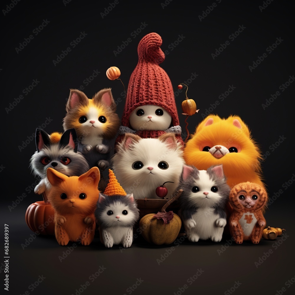 Cute halloween themed animals on a knitted Cute halloween themed animals on a knitted