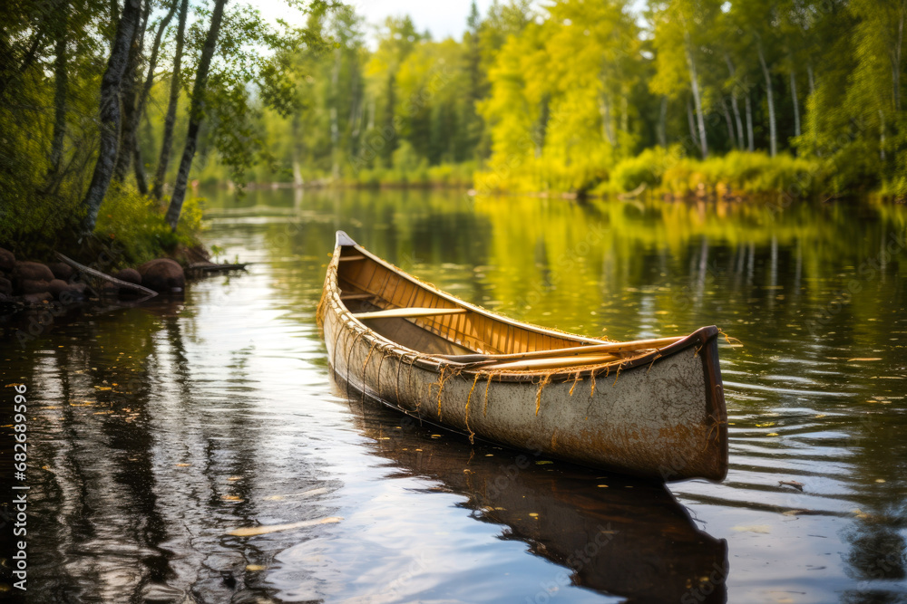 Tranquil autumn scene with a wooden birch bark canoe on a calm lake shore, surrounded by fall foliage.