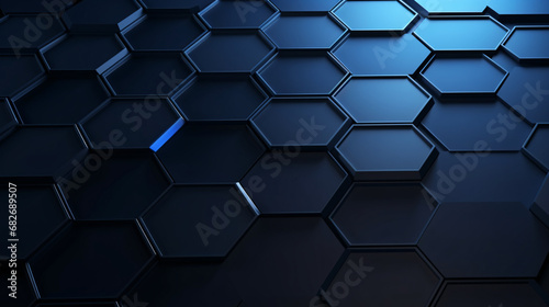 Abstract 3d rendering of hexagons background. Dark blue hexagons with glowing lights. Reflective surface.