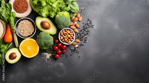 Healthy food clean eating selection fruit, vegetable, seeds, superfood, cereal, leaf vegetable on gray concrete background, generative ai © Nia™