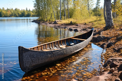 Tranquil autumn scene with a wooden birch bark canoe on a calm lake shore, surrounded by fall foliage.