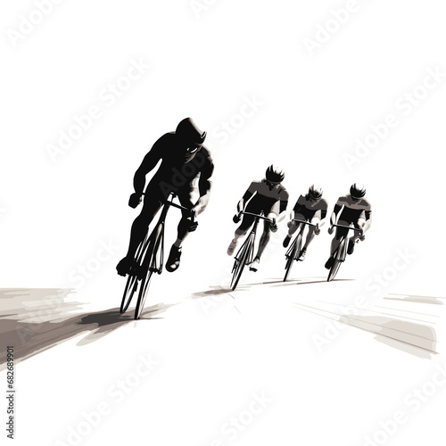 Silhouettes of sports cyclists racing on both road and mountain terrain