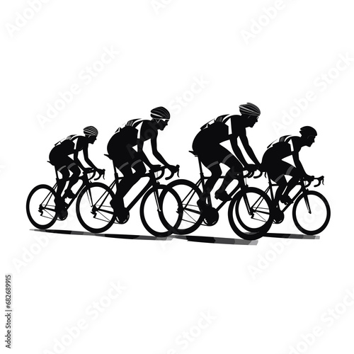 Silhouettes of sports cyclists racing on both road and mountain terrain