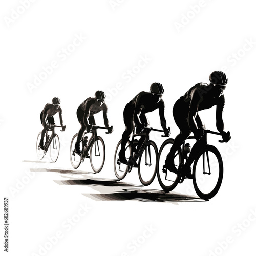 Silhouettes of sports cyclists racing on both road and mountain terrain