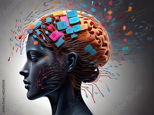 Un perfil lateral abstracto de una persona con un chip implantado en su cerebro, sus pensamientos y recuerdos se proyectan como imágenes digitales vibrantes photo