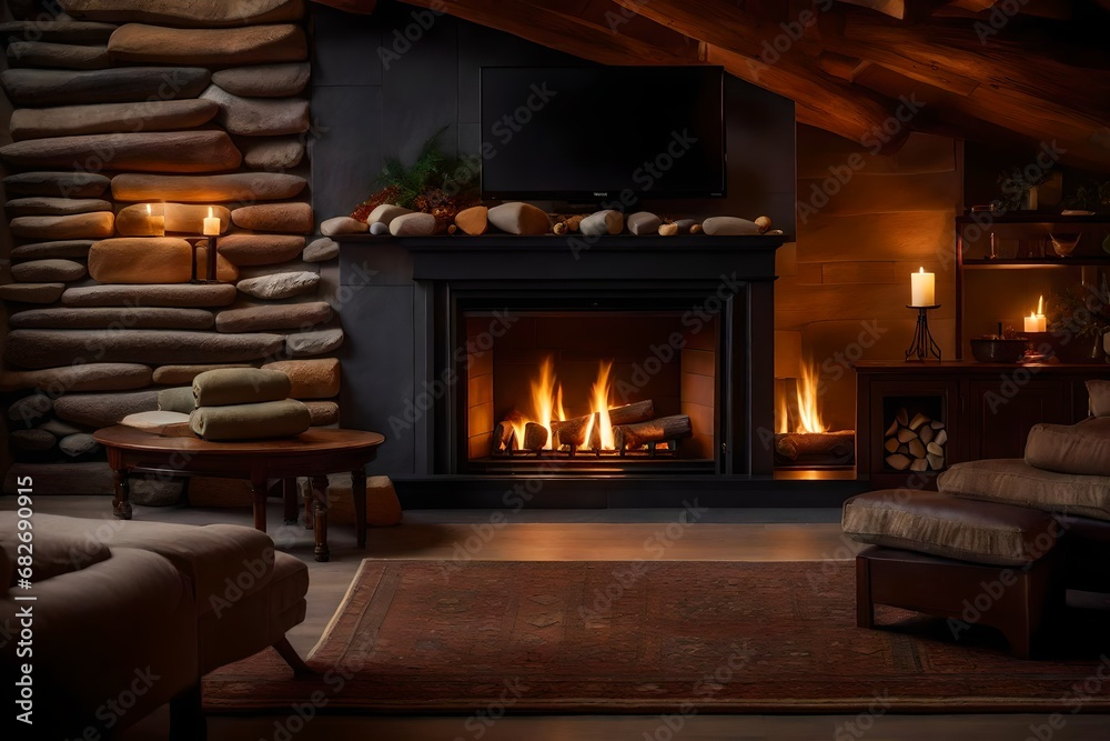 A cozy fireplace, with a crackling fire and a mantle adorned with smooth river stones A cozy fireplace, with a crackling fire and a mantle adorned with smooth river stones