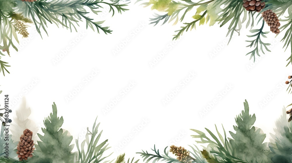 Fototapeta premium Watercolor Winter Frame Border with Pine Trees and Ornamentals