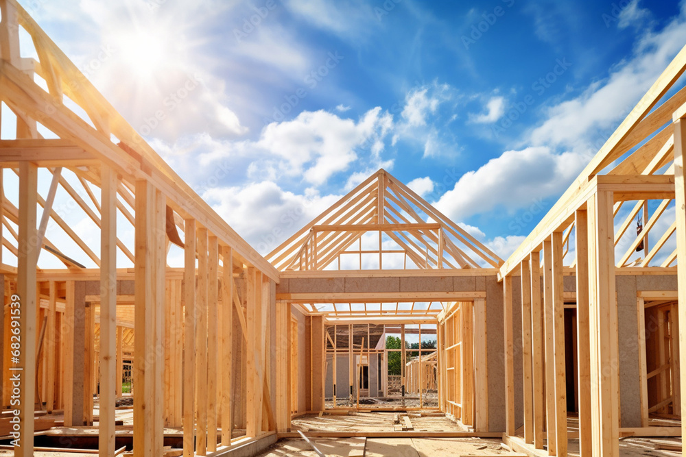 Fototapeta premium A view of a wooden frame construction of a new residential house real estate in a worksite on a cloud and clear sky shot in backlit way. Generative AI.