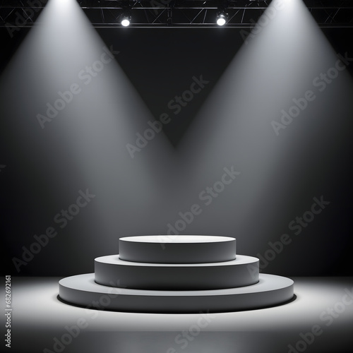Grey stage in shape of a podium with spotlight minimalist and glossy for presenting product presentations